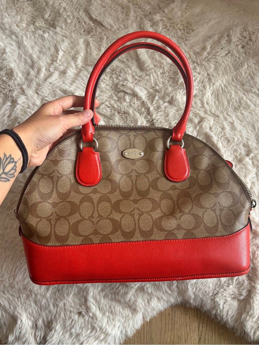 Coach Brown Signature Dome Satchel with Red Trim